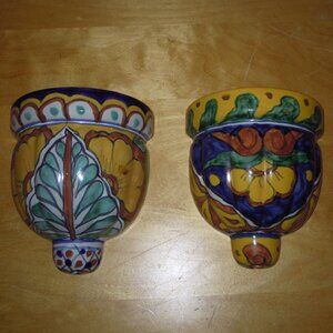 2 Mexican Talavera Pottery Wall Pocket Folk Art Planter Mexico Hand Painted